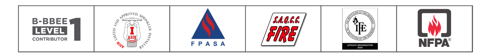 KNS Fire certifications and affiliations including B-BBEE Level 1, ASIB, FPASA, S.A.Q.C.C. Fire, IFE, and NFPA